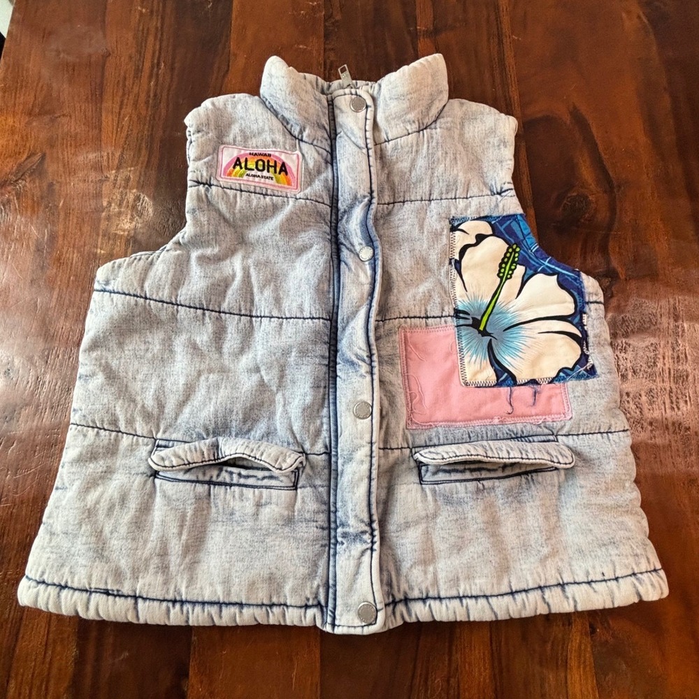 Marc New York Jeans Acid Wash Denim Puffer Vest Hawaiian Aloha Graphic‎ Small